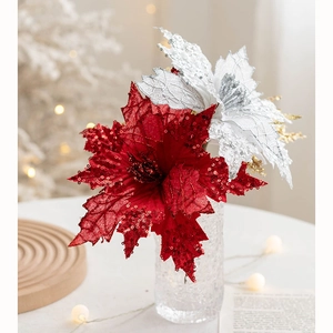 20cm Gold and Red Sequin Poinsettia Artificial Flowers in Glass Vase for Christmas Decor