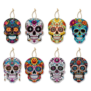 Set of 8 colorful Day of the Dead sugar skull hanging tags with rustic jute twine