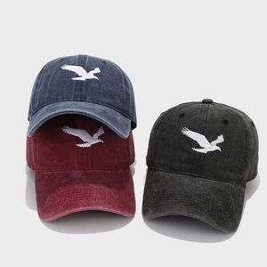 Vintage washed cotton baseball cap with eagle embroidery in navy blue, burgundy and charcoal