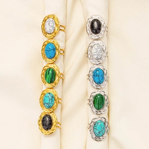 Retro 304 stainless steel napkin ring set with oval faux stone texture in gold and silver