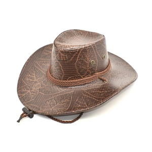 Western Cowboy Hat PU Faux Leather Leaf Vein Embossed Wide Brim Adjustable Windproof Rope Outdoor Sun Protection Retro Style Men Women