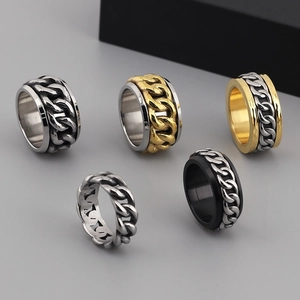 Set of men's stainless steel spinner rings featuring chain link designs in assorted colors