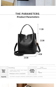 Detail view of black crocodile pattern bucket bag with dimensions 20x14x22cm and PU texture