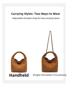Brown woven hobo bag detail showing adjustable strap for handheld, shoulder, and crossbody use