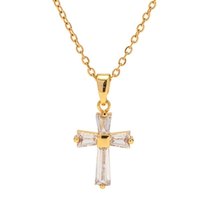 18K gold plated stainless steel necklace with square zircon cross pendant for women