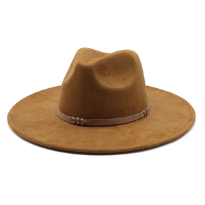 British style caramel suede fedora hat with wide brim and woven decorative band