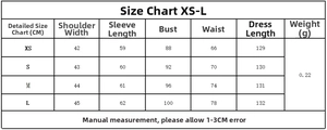 Detaillierte Größentabelle für das karierte Hemdblusenkleid mit Maßen von XS bis L in CM