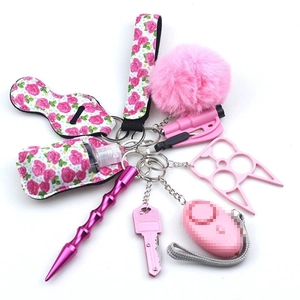 Detail of pink floral neoprene keychain set with lipstick holder and plush pom pom