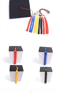 Vertical view of black graduation caps with colorful tassels and premium gift box set