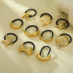 Gold Plated Stainless Steel Hair Ties Starfish Shell Bow Rhinestone Faux Artificial Pearl Decor Elastic Hair Ropes For Women