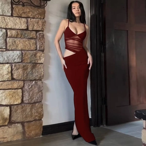 Close-up of wine red mesh patchwork and cutout waist detail on summer strap dress