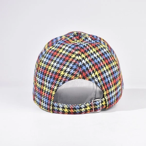 Detail of multi-color plaid baseball cap back with adjustable metal buckle strap