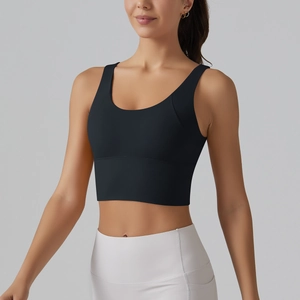 Front view of black high-impact sports bra with wide straps and elastic hem for fitness