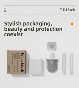 Flat lay of white silicone toilet brush set with handle, base, and wall-mount hook