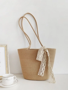 Khaki hand-woven cotton rope tote bag with lace ribbon for beach vacation styling
