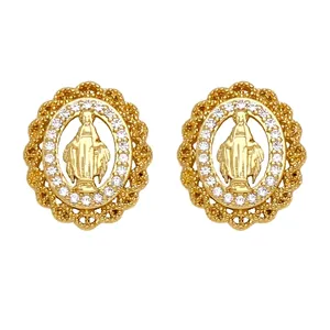 Retro gold Virgin Mary stud earrings with hollow lace trim and clear zircon accents