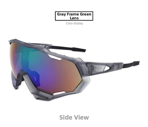 Macro detail of sports cycling sunglasses with gray frame and green mirrored lenses