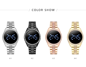Detail view of rhinestone-studded LED watches in silver, black, rose gold, and gold finishes