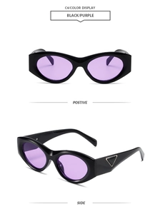 Front and side view of oval cat-eye sunglasses with black frames and purple lenses