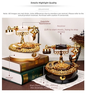 Macro detail of vintage telephone music box featuring gold relief floral patterns and storage