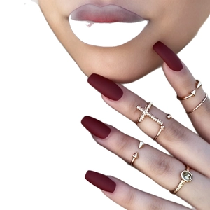 Matte burgundy long coffin press-on nails with four rose gold rings for women