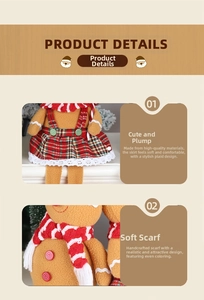 Close-up of gingerbread doll featuring red plaid skirt with lace trim and knit scarf