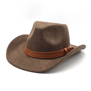 Dark brown faux suede western cowboy hat with studded leather band on white background