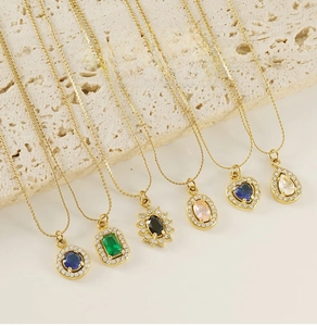 Detailed collection of gold stainless steel pendants with colorful zircon gemstones