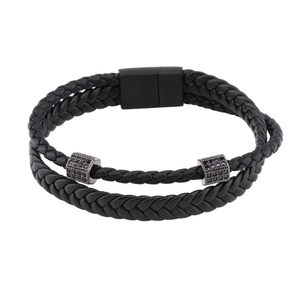 Detail of men's double-layer braided leather bracelet with black zircon metal beads