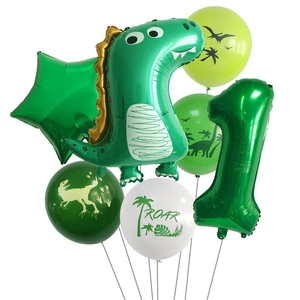Dinosaur birthday party decoration set with green balloons and number 1 foil balloon