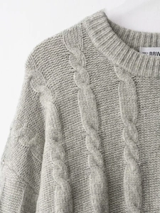Close-up of grey cable knit texture and crew neckline on a thick wool sweater