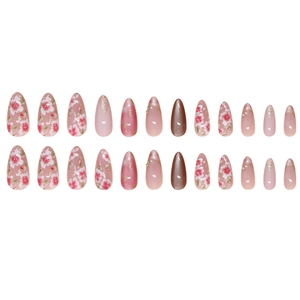 Pink cat eye press-on nails with peach blossom designs and rhinestones set of 24