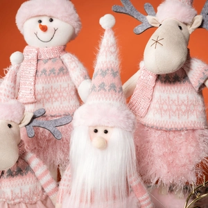 Pink and grey Christmas plush ornaments collection with Santa Reindeer and Snowman