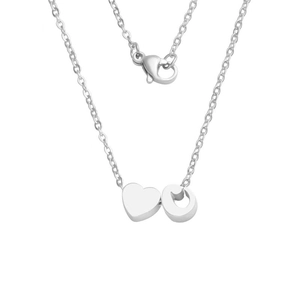 Detail of silver mirror-finish stainless steel heart and letter C initial pendant necklace
