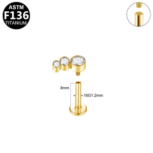 Detail of G23 titanium labret stud with triple zircon top and internal thread dimensions