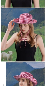 Detail of red and white gingham wide brim sun hat with adjustable strap for women