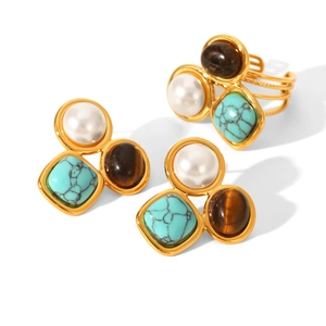 Vintage gold ring and earring set with pearls, turquoise, and tiger eye stone