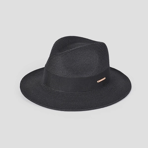 Detailed texture of black woven sun hat with silk ribbon and golden logo plate