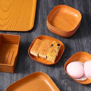 Japanese style wood grain tray set including square plates and a storage box for home use