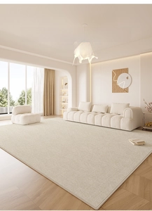 Detailed close-up of beige modern minimalist rug with fine woven texture and stain resistance