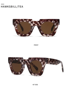 Detailed front and side view of tortoiseshell tea lens square sunglasses for women
