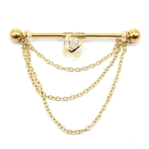 Gold industrial barbell with three layered chains and sparkling clear zircon stone