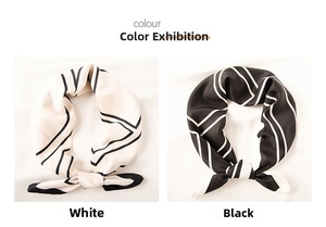 Detail view of square scarves featuring geometric black and white stripes in two colors