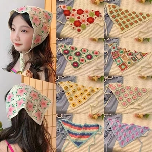 Handmade crochet floral head scarf for women, variety of vintage patterns shown in main view