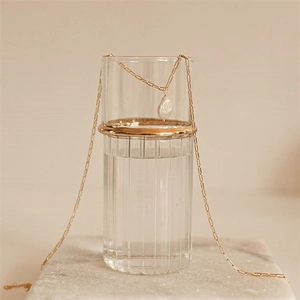 Detail of a gold paperclip chain necklace with a baroque pearl pendant on a glass