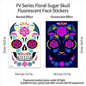 Detail of Day of the Dead floral skull tattoo stickers with UV glow effect contrast