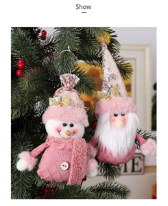 Detailed view of pink plush Christmas ornaments featuring sequined snowman and santa claus