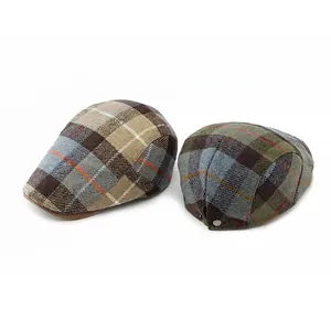 British style wool plaid beret flat cap for men and women in vintage earthy check patterns