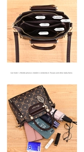 Detailed view of the dark brown patterned handbag interior with spacious compartments