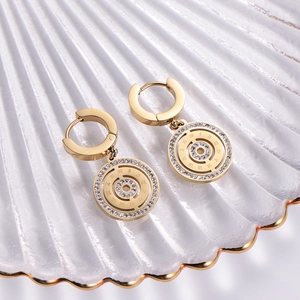 Luxury 18k gold plated titanium steel hoop earrings with Roman numerals and crystals